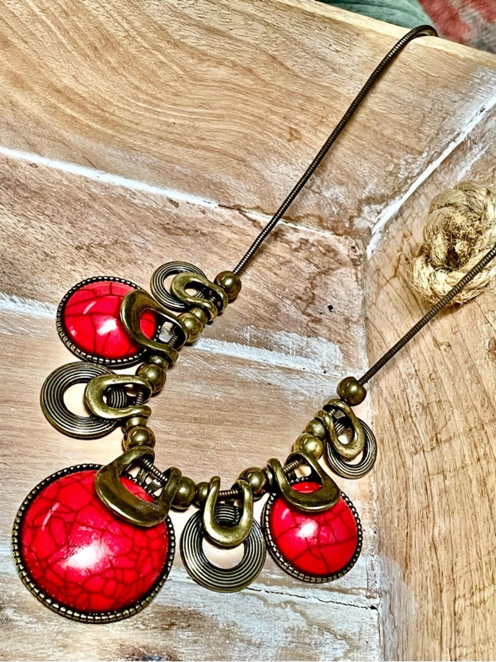 Vintage-Inspired Red Statement Necklace with Antiqued Brass Elements